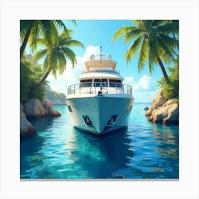 Dazzling Luxury Yacht In A Watercolor Tropical Paradise 1 Canvas Print