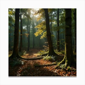 A Dense Forest With Sunlight Filtering Through The Canopy And A Carpet Of Fallen Leaves 2 Canvas Print