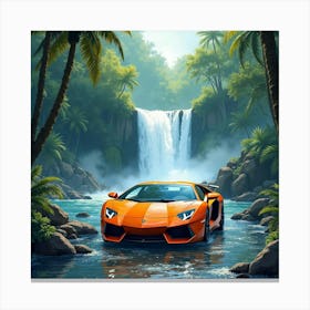 Lamborghini Aventador By A Watercolor Waterfall In A Tropical Forest 1 Canvas Print