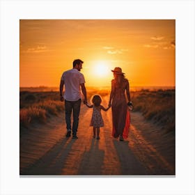 A Family Immersed In A Content Moment Walking Hand In Hand Against A Background Of A Sunset Graduall (4) Canvas Print