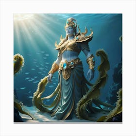 A Majestic Ancient Deity, Resplendent In Ornate, Gilded Armor And Adorned With Gemstones That Refract And Reflect The Soft, Ethereal Glow Of Celestial Light (3) Canvas Print