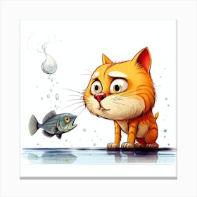 Cartoon Cat And Fish Canvas Print