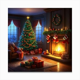 Cozy Christmas Eve Crackling Fireplace Casting A Soft Glow On The Elaborate Decorated Tree Toys Su (3) 2 Canvas Print