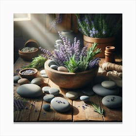 Lavender And Stones On A Wooden Table Canvas Print