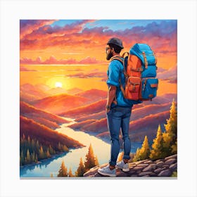 Hiker Looking At The Sunset Canvas Print