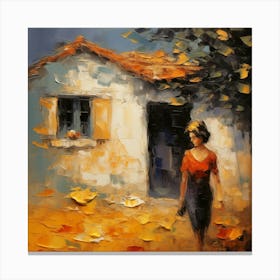 Woman Walks By A House Canvas Print