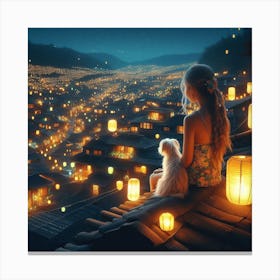 Little girl and her little dog looking at the night sky together 6 Canvas Print