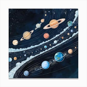 A Breathtaking, Highly Detailed Illustration Of The Universe And All Its Planets, Set Against A Deep, Starry Night Sky Canvas Print