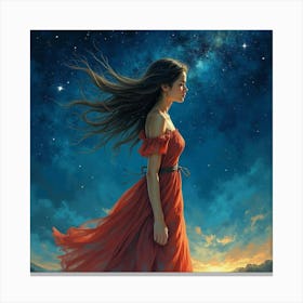 Spanish Woman Under A Starry Night, Watercolor With Mystical Glow 1 Canvas Print