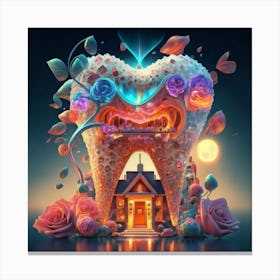 , a house in the shape of giant teeth made of crystal with neon lights and various flowers 1 Canvas Print