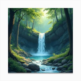 Watercolor Scene Of A Hidden Waterfall In The Depths Of Fangorn Forest Canvas Print