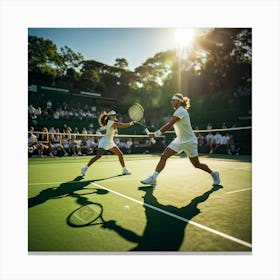 Tennis Match Underway Sunlight Casting Dynamic Shadows On The Green Court Players Poised Mid Swing (4) Canvas Print