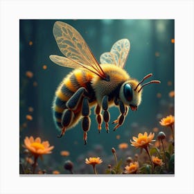 A Whimsical Bee With A Body Of Fractal Patterns Hovering Over A Surreal, Glowing Garden Canvas Print