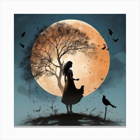 Shadow of the girl with the tree near the full moon Canvas Print