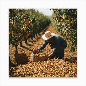 Man Picking Peaches In An Orchard Canvas Print