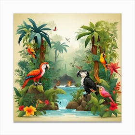 Tropical Parrots In The Jungle Canvas Print