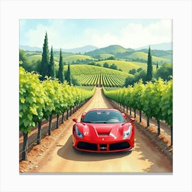 Ferrari In A Watercolor Vineyard With Grapevines And Rolling Hills 1 1 Canvas Print