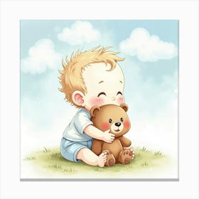 Watercolor Baby Holding A Toy Bear Under A Sky Of Soft Clouds Canvas Print