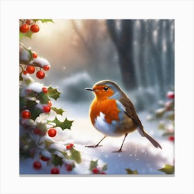 Robin, Holly and Berries Canvas Print