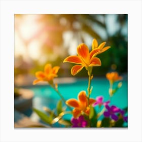 Colorful Flowers By The Pool Canvas Print