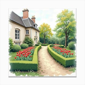 French Garden With Watercolor Blooming Tulips And Manicured Hedges 1 Canvas Print