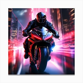 The Image Depicts A Futuristic Scene With A Black And Red Motorcycle Ridden By A Cyborg 2 Canvas Print