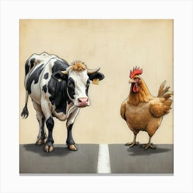 Cow And Chicken On The Road Canvas Print