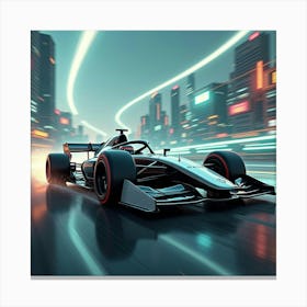 Futuristic Formula Car With Sleek Lines Speeding Through A Cyberpunk Landscape 1 Canvas Print