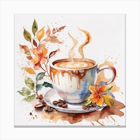 Coffee And Flowers Watercolor Painting Canvas Print