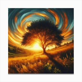 A lone tree in a meadow at sunset, with swirling sky, oil painting art Canvas Print