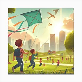 A Child Flying A Kite In A Park With Other Kids Playing In The Background 3 Canvas Print