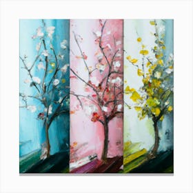 Three different palettes each containing cherries in spring, winter and fall 3 Canvas Print