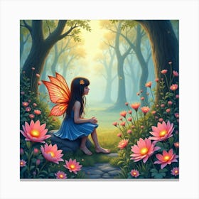 Fairy Garden With Glowing Blossoms, Watercolor 1 Canvas Print