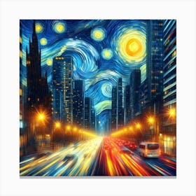 Neon Sonata of the Cityscape, Inspired by Vincent van Gogh's swirling Starry Night and emotive brushstrokes 2 Canvas Print