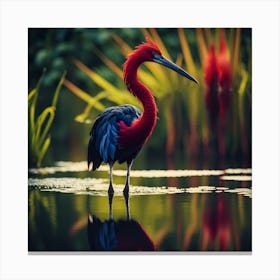 Long Necked Red and Blue Bird in Tropical Lagoon Canvas Print