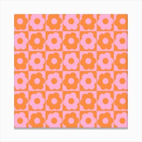 Floral Checker Orange Pink Square Canvas Print