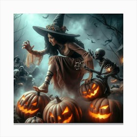 Halloween Scene (Witch With Pumpkins) Canvas Print