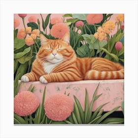 Default Napping Ginger Cat In Pink Garden Room Art 0 Canvas Print