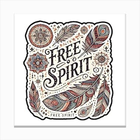 Boho Sticker Design with Feathers, Mandalas, and 'Free Spirit' Quote Canvas Print