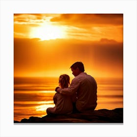 Sunset With Father And Daughter Canvas Print