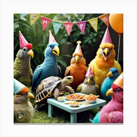 The Birds Looking Shocked And Surprised To See Tortoise At Their Party (2) Canvas Print