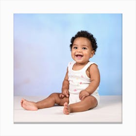 Beaming Infant Grinning Widely Seated In A Softly Lit Studio Space Pastel Colored Backdrop Offers (1) Canvas Print