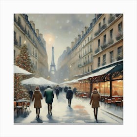 Paris cafes, winter season, Christmas, pale colors, pedestrians in the street, winter clothes, falling snow.13 1 Canvas Print