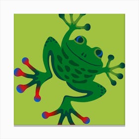 FROGGY SAYS HELLO Cute Smiling Jumping Friendly Frog Amphibian with Big Feet on Lime Green Kids Canvas Print
