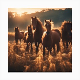 A Beautiful Brown Horses Setting On The Horizon, The Sun Shines Through The Tops Of Rice Canvas Print