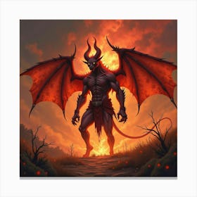 Demon In A Fiery, Watercolor Wasteland 1 Canvas Print