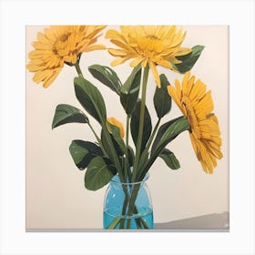 Yellow Gerberas In A Blue Vase Canvas Print