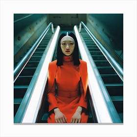 Woman in an orange dress, sitting on an escalator. 2023 Canvas Print