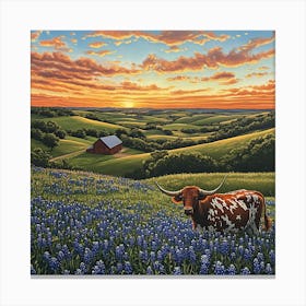 Sunset In The Bluebonnet Field Canvas Print