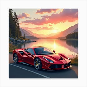 Ferrari With A Watercolor Sunrise Over A Tranquil Lake 1 1 Canvas Print